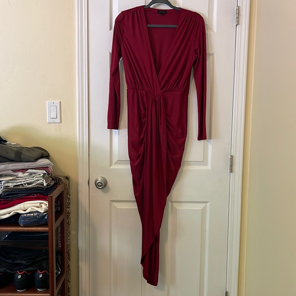 Miss Avenue high low long sleeve merlot dress
